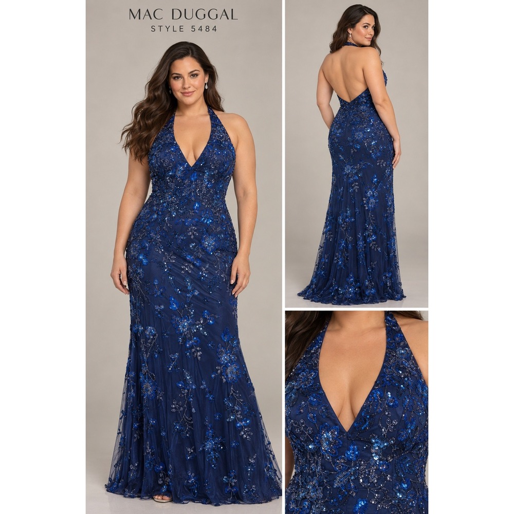 Mac Duggal Halter Gown 18 Midnight Blue Beaded Sequin Formal Gala 5484